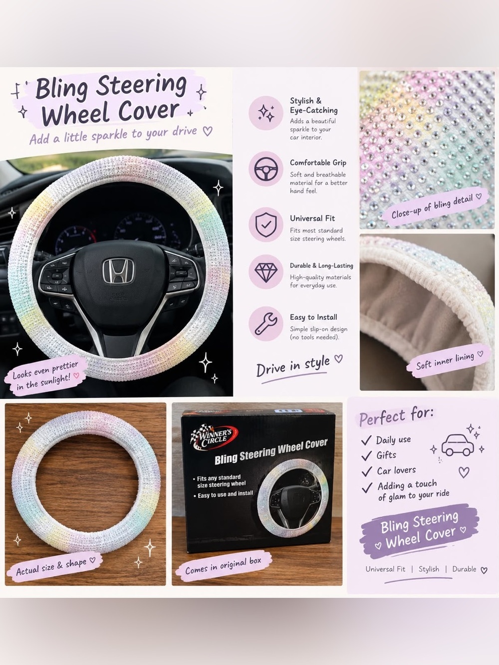 Bling Steering Wheel Cover – Pastel Rainbow